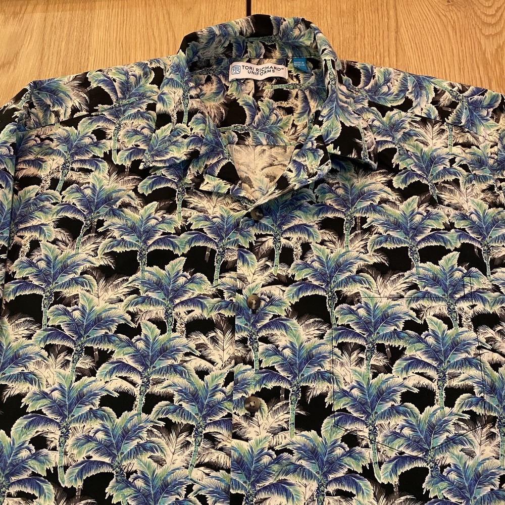 Men's Tori Richard Hawaiian Tropical Palm Tree Shirt Short Sleeve Blue Size LG